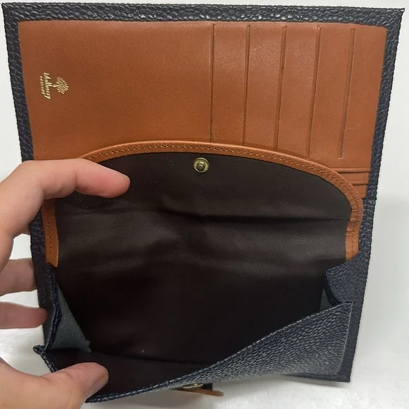 Mulberry Wallet Long Bifold Caviar Leather Navvy Blue Tan Leather Trim Vintage - Picture 8 of 11